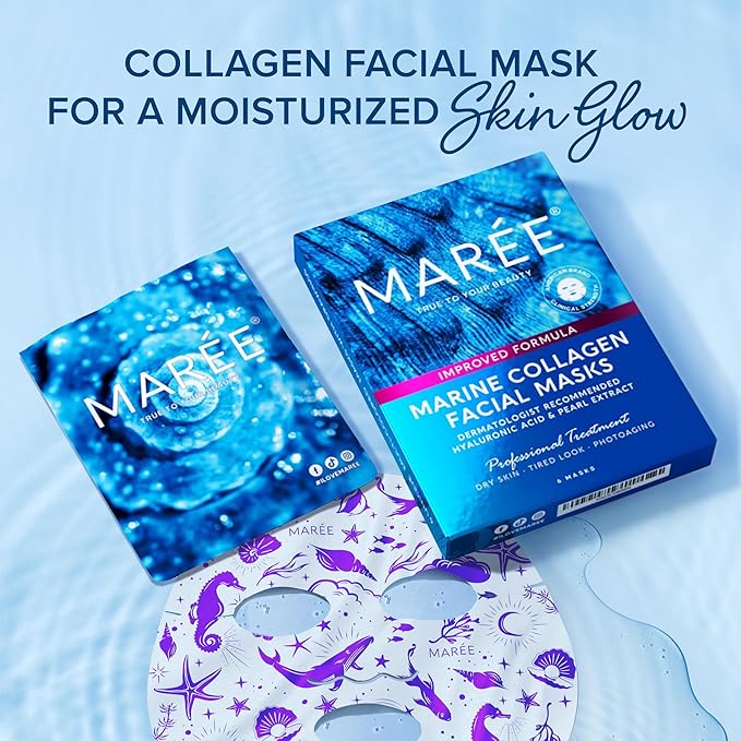 MAREE Collagen Facial Mask with Hyaluronic Acid - Sheet Face Masks Skincare with Green & Red Algae Extract - Hydrating Mascarillas Faciales For Women Skin Care | Facial Mask