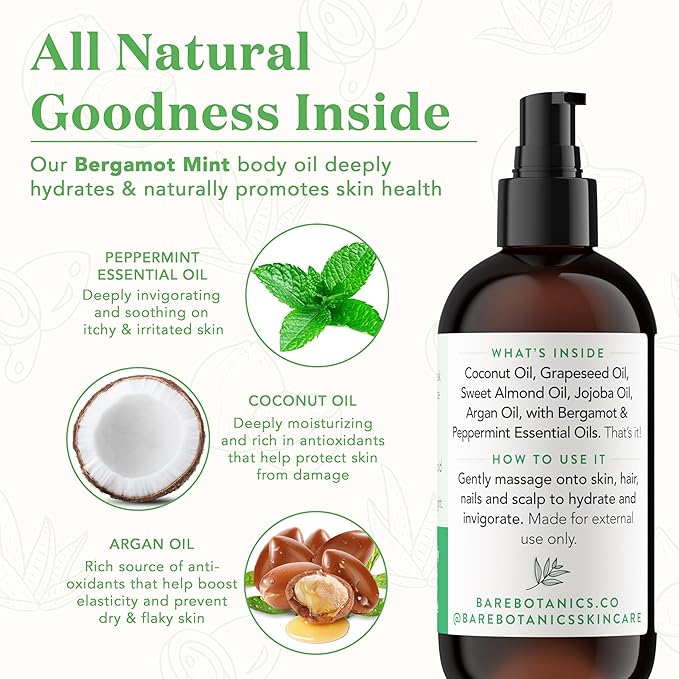 BARE BOTANICS 8 oz Moisturizing Mint Body Oil - 100% Pure & Natural for Skin & Nails - Perfect for Moisturization - Vegan, Cruelty Free & Naturally Scented Hair Oil