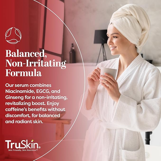 TruSkin Caffeine Face & Eye Serum – Energizing 5% Caffeine Serum with EGCG Niacinamide Matcha and Ginseng – Improve Look of Under Eye Dark Circles and Puffiness, 1 fl oz