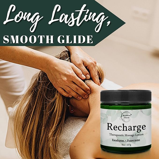 Recharge Massage Lotion for Massage Therapy & Home Use | Cream for Effortless Glide Massaging Body Lotion | Shea Butter, Coconut Oil, Eucalyptus, Peppermint Essential Oil - Brookethorne Naturals