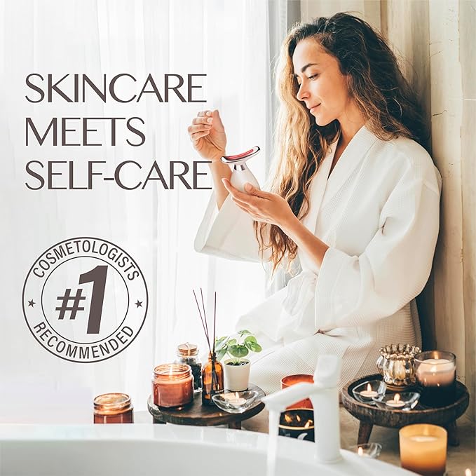 Red Light Face Massager Device 3-in-1 : Vibration, Gentle Heating, and 7-Color LED Light – Home Self-Care Tool for Skin Wellness (White)