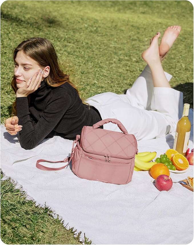 BAGSMART Insulated Lunch Bags for Women, Cute Quilted Lunch Box, Lightweight Puffy Padded Waterproof Lunch Tote, Reusable Lunch Cooler for Work Picnic Travel, Dark Pink