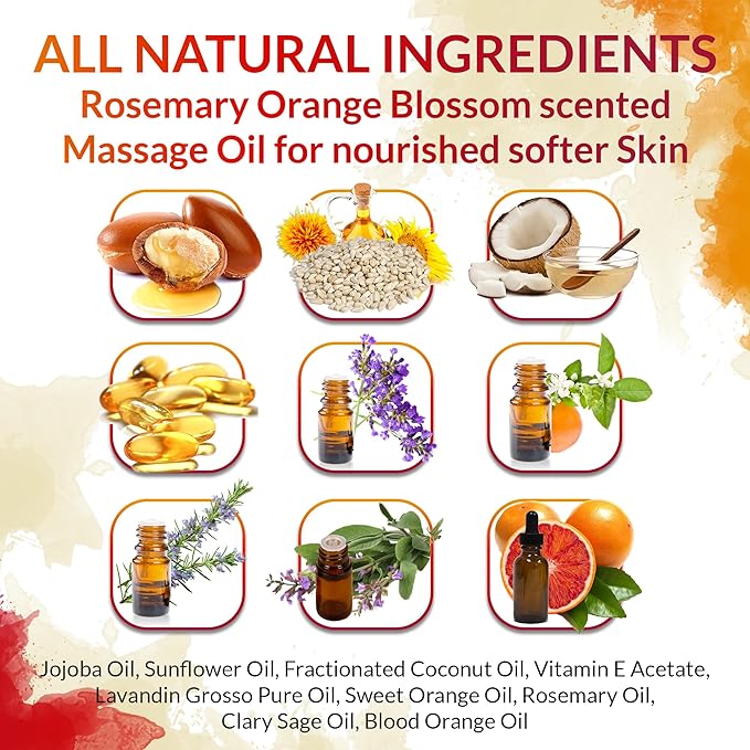 Massage Oil for Couples, Women & Men (1 Bottle, 8 fl oz) - Fox Envy Orange Blossom with Rosemary Scented Sensual Oil with Coconut Oil & Jojoba Oil - Enhances Stimulation for The Body & Muscles