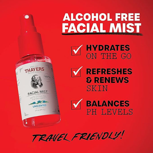 Thayers Alcohol-Free Witch Hazel Facial Mist Toner with Aloe Vera, Unscented, Soothing and Hydrating, for All Skin Types, Trial Size, 3 oz