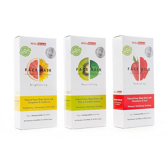 BioMiracle Natural Face Mask Variety Pack, Pack of 15, with Hydrating Face Masks, Nourishing Face Masks