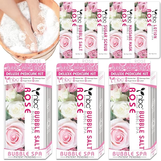 Pedicure Kit Foot Soak Set: Bubble Salt, Sugar Scrub, Massage Mask, Massage Lotion in a Box, 4 Step Foot Spa Kit for Dry Feet, Softens Calluses, Soothes Sore, Tired Feet（3 Set Rose)
