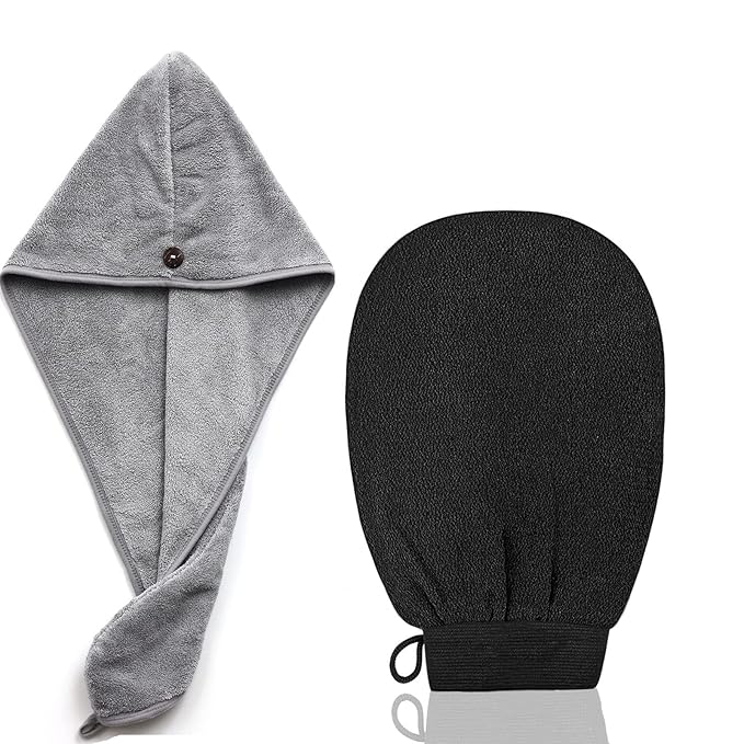 【2 in 1】Exfoliating Glove and Microfiber Hair Towel Set, Deep Exfoliating Body Scrubber for Healthy Skin Korean Exfoliating Mitt, Skin Body Exfoliator,【Super Absorbort】Hair Towel for Women Wet Hair