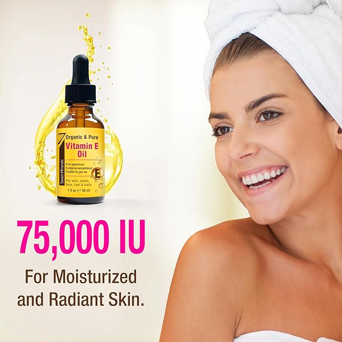 Seven Minerals New Ultra Pure Vitamin E Oil - 75,000 IU Full-Spectrum D-Alpha Tocopherol, 1 Fl Oz - 100% Organic Vitamin E Oil for Skin, Face, Hair, and Scars - Naturally Occurring = Not Synthetic