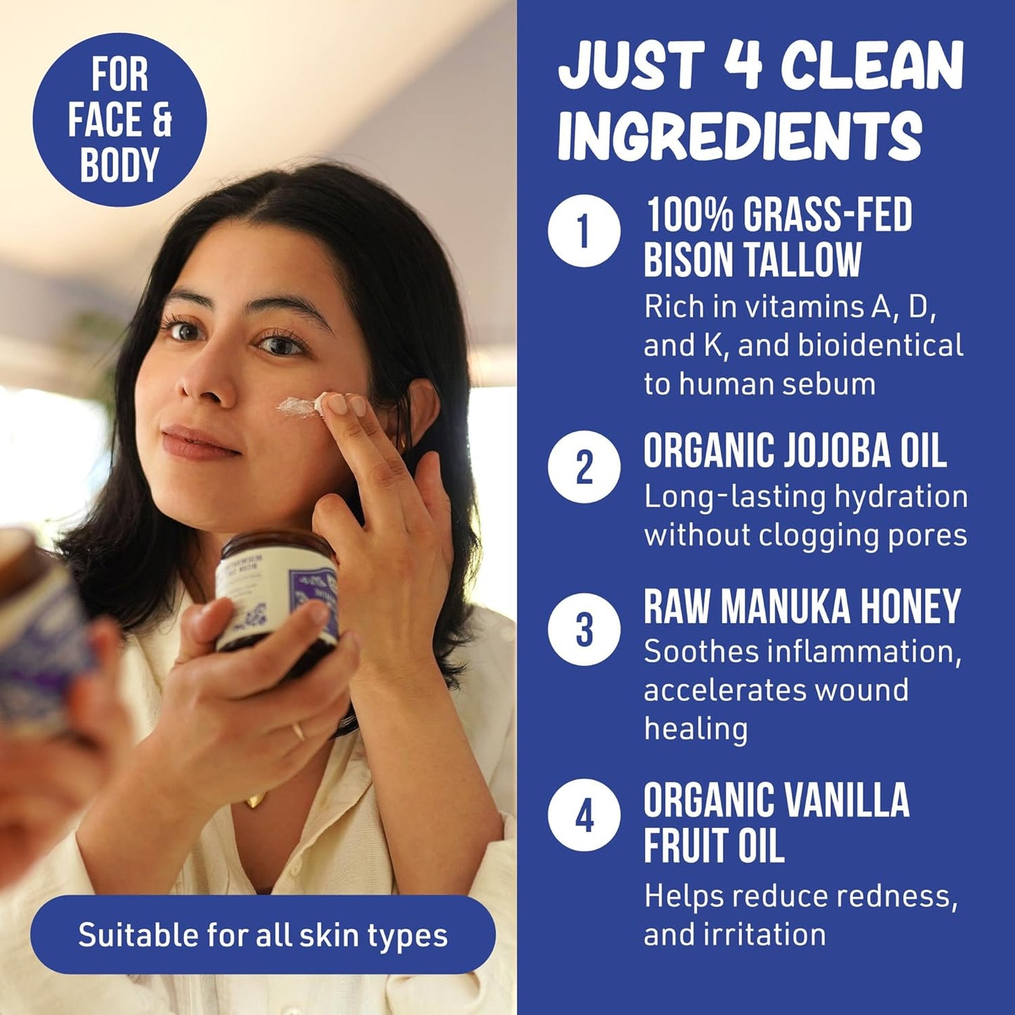 Whipped Bison Tallow Balm w/Manuka Honey, Jojoba, Organic Vanilla - Grass-Fed & Finished Organic Tallow Face Moisturizer - Face & Body Cream for Acne-Prone Skin - Nourishing Skincare (2.5 oz)