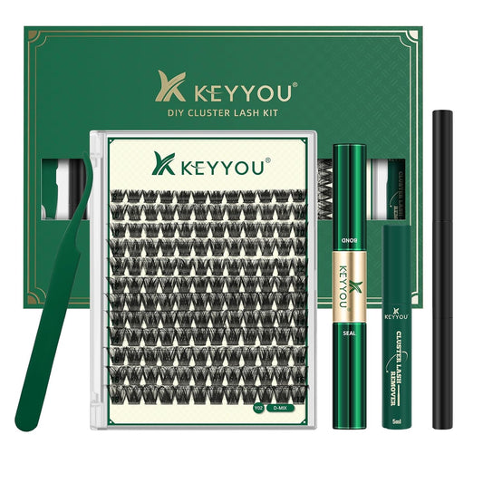 KEYYOU Lash Clusters Kit 144pcs Thick Volume D Curl Lash Clusters Lash Extension Kit with Mascara Brush Bond and Seal Lash Glue Remover Lash Applicators Lash Brush for DIY Lash Extensions (Y02 Kit)