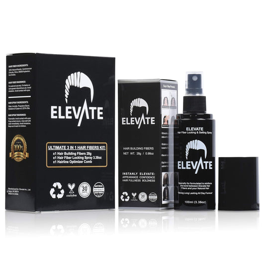 Elevate Hair Building Fibers 3-in-1 Kit for Thinning Hair (Dark Brown) Keratin Hair Thickening Powder with Fiber Lock Spray & Hairline Optimizer Comb - Instant Concealer Applicator for Men & Women