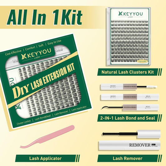 KEYYOULASH DIY Lash Extension Kit 144pcs 8-18MIX Lash Clusters Eyelash Extension Kit with Lash Bond and Seal,Remover,Applicators for DIY Lash Extensions at Home (KY03 Kit)