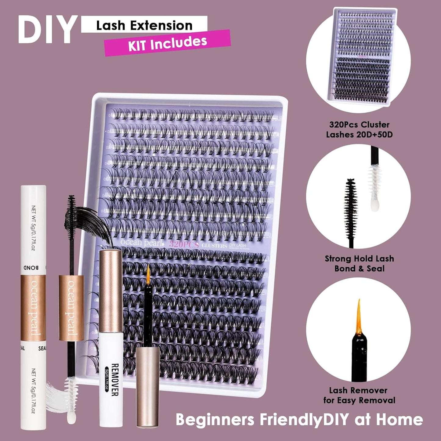 Individual Lashes with bond and seal Lash Remover DIY Lash Extension Kit 320 Pcs Cluster Lashes 10-16mm Natural Light C/D Curl False Eyelashes for Beginner Makeup at Home (20D+50D）