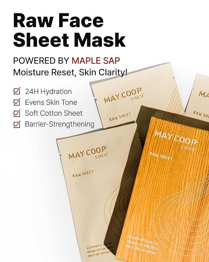 MAY COOP Raw Face Sheet Mask – Korean Hydrating & Clarifying Face Mask with 80% Maple Sap for Soothing and Balanced Skin - Soft Cotton Sheet for Hypoallergenic Skin, 6 Sheets