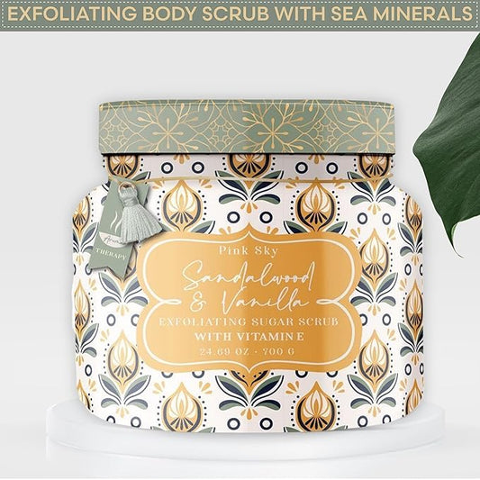Pink Sky Exfoliating Body Scrub - Ultra Gentle Sugar Scrub for Smooth Skin - Premium Body Scrubs for Radiant, Soft Skin - Ideal Exfoliator for All Skin Types - 700g (Sandalwood & Vanilla, 24.69 Oz)