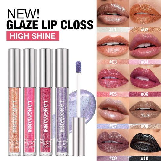 LANGMANNI 2 Colors Diamond Glitter Lip Gloss Set,Long Lasting High Shine Shimmer Liquid Lipstick Set,Hydrating,Moisturizing Lip Gloss Kit Gift Makeup For Girls(#07+08)