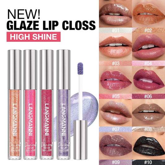 LANGMANNI 2 Colors Diamond Glitter Lip Gloss Set,Long Lasting High Shine Shimmer Liquid Lipstick Set,Hydrating,Moisturizing Lip Gloss Kit Gift Makeup For Girls(#09+10)