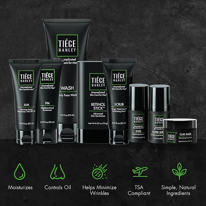 Tiege Hanley Men’s Skin Care Set, Rejuvenation Routine (System Level 5) – Face Wash, Scrub, Moisturizer, Eye Cream, Serum, Clay Mask, Retinol Stick & PM Moisturizer for Anti-aging