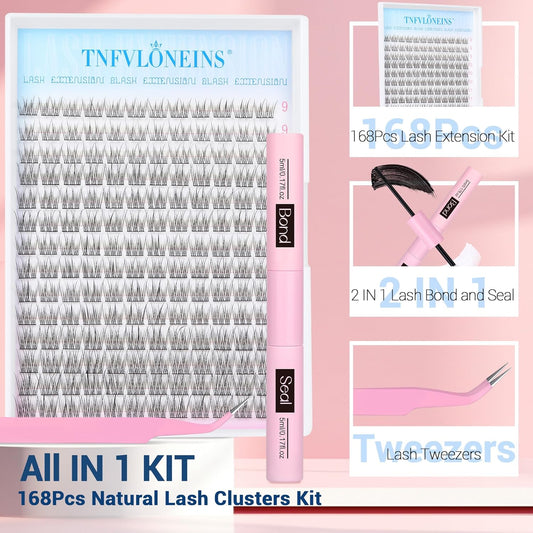Natural Lash Extension Kit 168Pcs Lash Clusters Kit Wispy Eyelash Extensions 9-12MM Individual Lashes Extensions with Bond and Seal Lash Glue and Eyelash Extension Tweezers DIY at Home by TNFVLONEINS