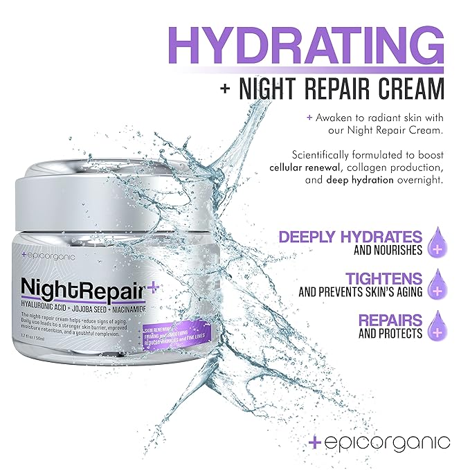 Epic Organic Night Repair | Anti Wrinkle Night Cream for Women | Anti Aging Night Cream with Hyaluronic Acid and Collagen | Night Moisturizer for Face | Day and Night Facial Skin Care | 1.7 oz