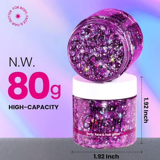 Teenitor Body Glitter, Face Glitter, Hair Glitter Gel, 80g/2.8oz Makeup Rave Purple Glitter Gel for Face and Body