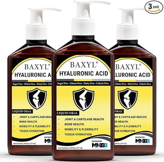 BAXYL Liquid Hyaluronic Acid Supplement - Natural Citric Acid, Potassium Sorbate Ingredients Formulated Flavorless Syrup - Provide Healthy Cartilage & Bone Formation - 3 Bottles of 6 Fl Oz