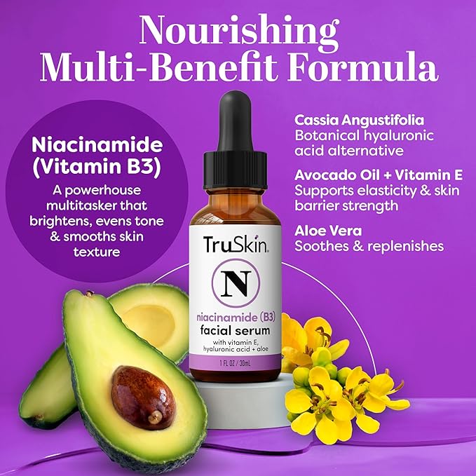 TruSkin (B3) Niacinamide Serum for Face – Minimize Appearance of Pores, Balance Moisture & Tone, Hydrate & Soothe with Hyaluronic Acid, Vitamin E, Aloe & Avocado Oil, 1 fl oz