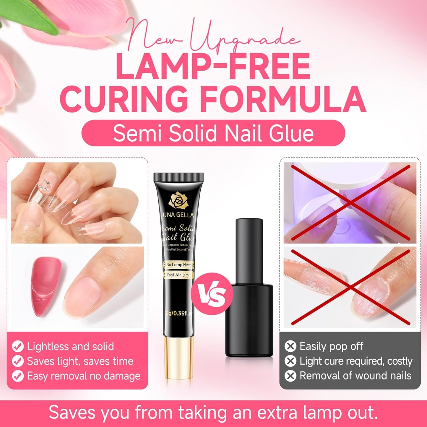 UNA GELLA Lamp-Free Semi Solid Nail Glue for Press Ons: 10ml and Soak Off Gel Nail Glue Remover for False Acrylic Nails 12ml, Super Strong G LUE Quick Removal Kit