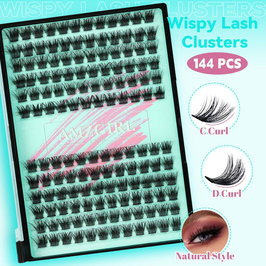 Wispy Lash Clusters Eyelash Extensions 144pcs Individual Lashes Cluster 14mm C Curl Fake Eyelash with Thin Band DIY Cluster Lashes At Home For Beginners (C-14mm)