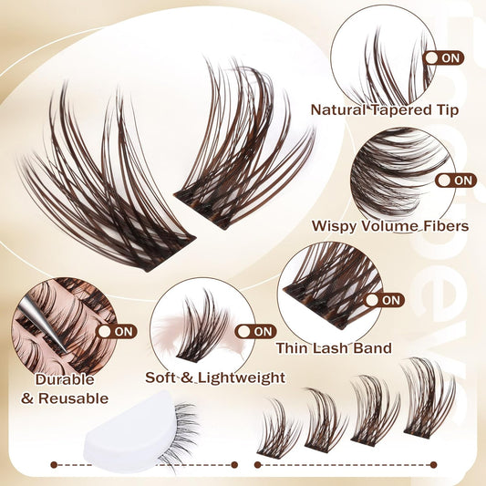 Focipeysa Wispy Clusters Eyelash Extensions Brown Lashes Clusters 12mm-18mm Eyelash Extensions Natural Lashes Extensions with Bottom lash Salon Effect Eyelash Clusters With Spikes