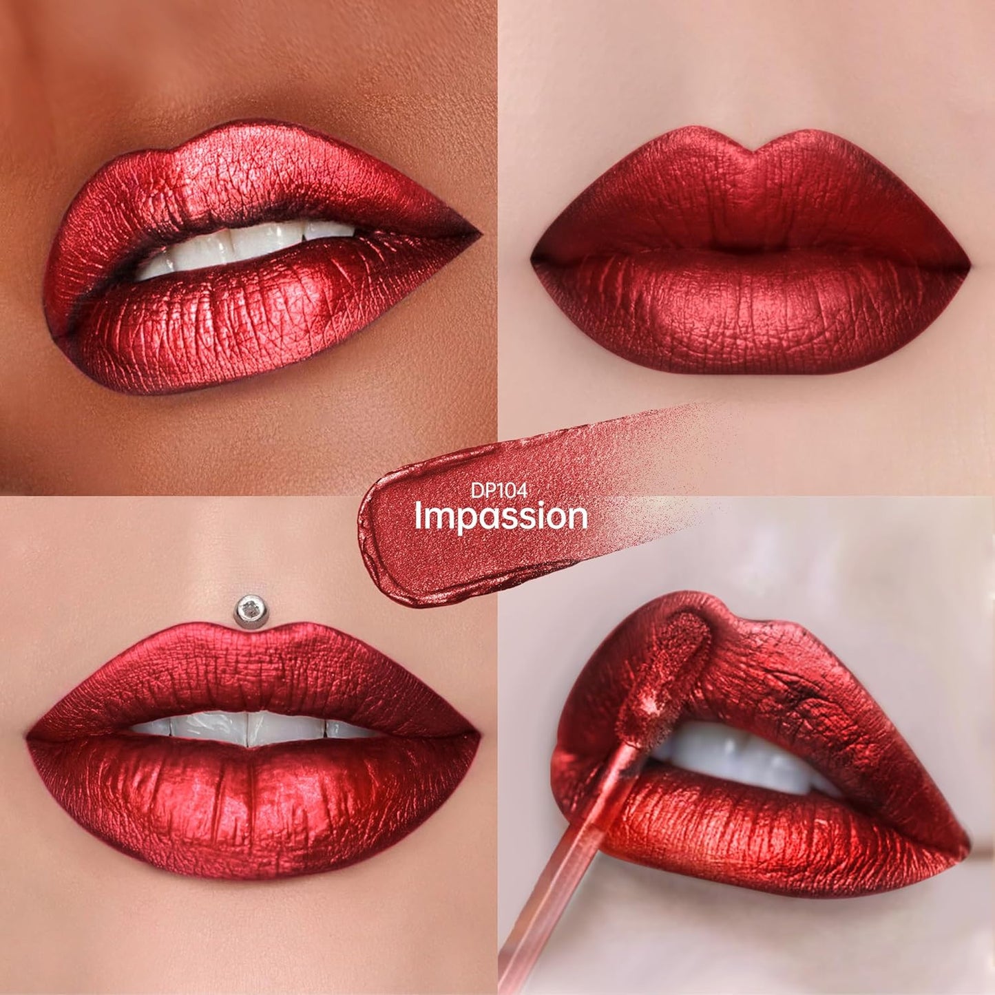 Dark Red Lipsticks for Women Metallic Lipstick Long Lasting Non Stick Cup Lip Gloss, Metal Shine Lightweight Hydrating Full Coverage Lip Color, DP104 Impassion