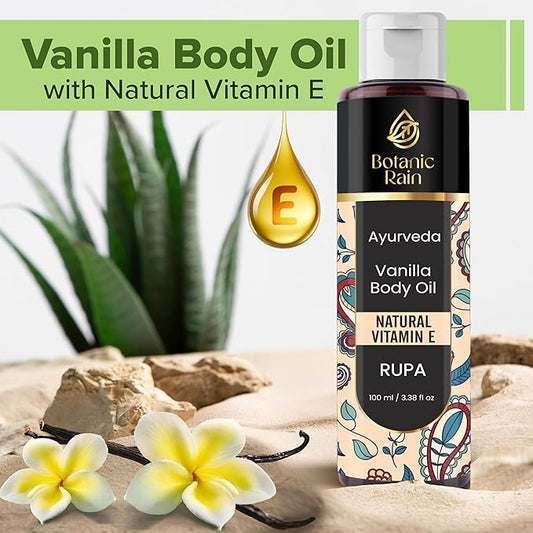 Ayurveda Vanilla Body Oil, Moisturizing & Hydrating Organic Vitamin E Oil, Body Oil For Women After Shower, Ayurveda Products For Crepey Skin - 3.38 Fl Oz (1)