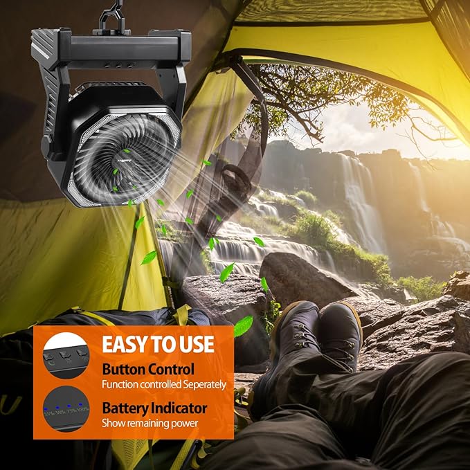 20000mAh Camping Fan, Rechargeable Portable Fan with 400 Lumes Light, 360° Rotatable Hook, 270° Pivot, 4 Speeds, 58Hrs Battery Powered for Tent Car Trip Outdoor BBQ Hurricane Power Outages
