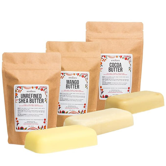 Better Shea Butter Set of Raw Shea Butter, Raw Mango Butter, Unrefined Cocoa Butter For Soap Making and DIY Body Butters, Lip Balms, Body Lotions - Each Jar is 8 oz Making 24 oz Total (3-Bar Set)