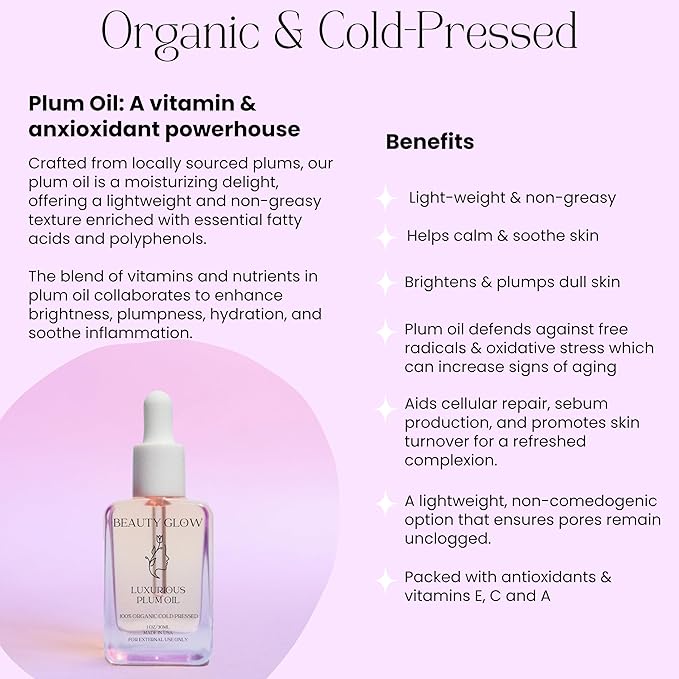 Organic Plum Oil Cold Pressed for Face Anti-Aging Facial Moisturizer Plumping Miracle Serum Natural Skincare Beauty Glow Antioxidant 1 Fl Oz/30mL