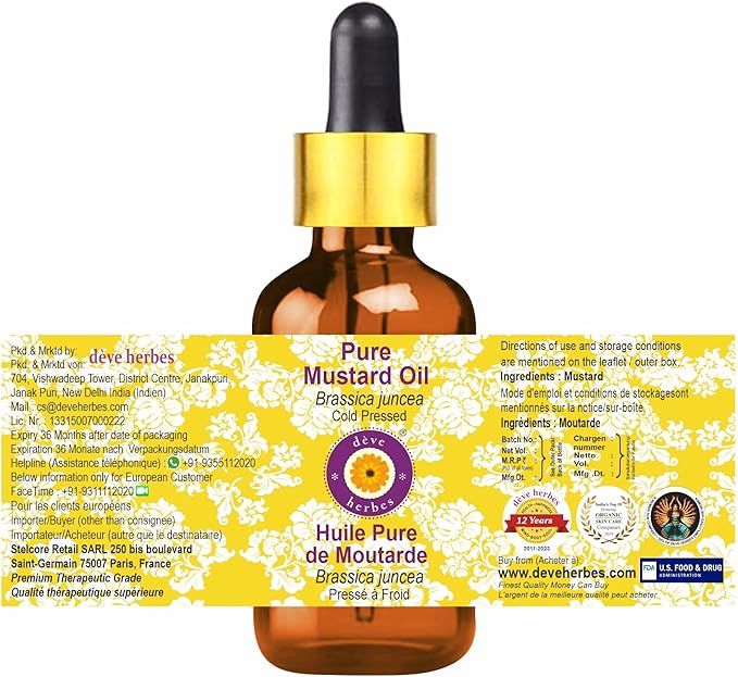 Deve Herbes Pure Mustard Oil (Brassica juncea) with Glass Dropper Cold Pressed 10ml (0.33 oz)