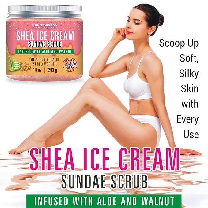 First Botany Body Scrub - Natural Exfoliating Salt Scrub & Body and Face Souffle helps with Moisturizing Skin, Acne, Cellulite, Dead Skin Scars, Wrinkles (10 fl oz, Shea Icecream)