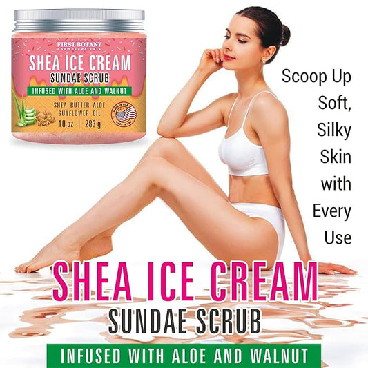 First Botany Body Scrub - Natural Exfoliating Salt Scrub & Body and Face Souffle helps with Moisturizing Skin, Acne, Cellulite, Dead Skin Scars, Wrinkles (10 fl oz, Shea Icecream)
