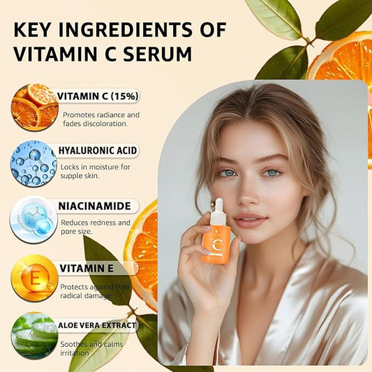 Vitamin C 15% Brightening Serum – Anti-Aging Treatment with Niacinamide, Vitamin E, and Hyaluronic Acid for Dark Spots, Fine Lines, and Skin Repair. Hydrating Serum for Radiant Skin