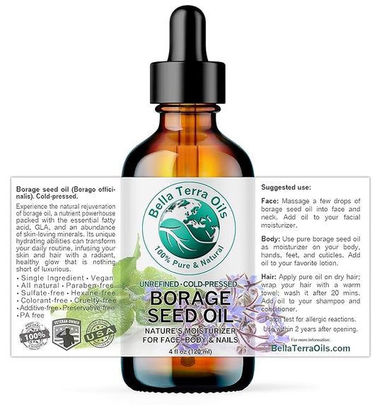 Bella Terra Oils - Organic Borage Seed Oil 4 oz - Rich in GLA, Pure & Untouched, Abundant in Omega-6 Fatty Acids, Elevate Skin's Natural Radiance & Softness
