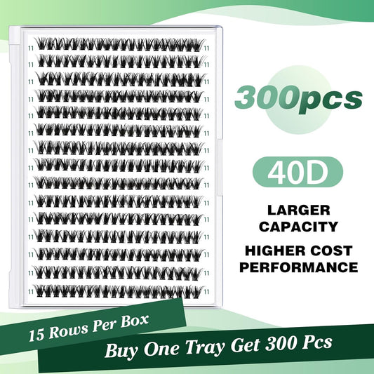 Lash Clusters 300pcs Individual Lashes 40D 0.07D Curl 12mm DIY Eyelash Extension KEYYOU Large Tray Volume Soft&Natural Eyelash Clusters(40D-0.07D,12）
