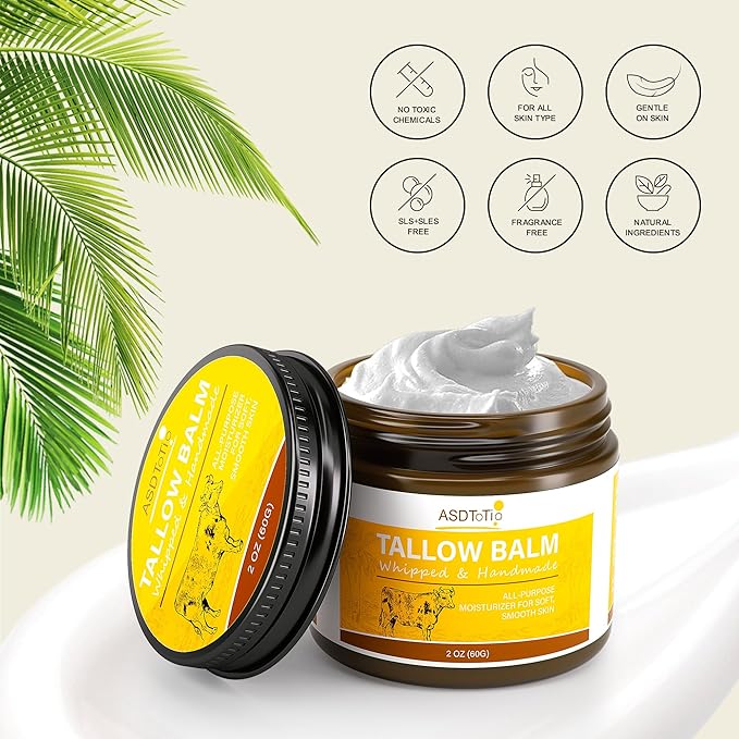 Handmade Whipped Tallow Balm for Skin Care- All Natural Grass Fed Beef Tallow All Purpose Balm,Face and Body Moisturizing Cream, Tallow Balm For Dry Skin- 2 oz