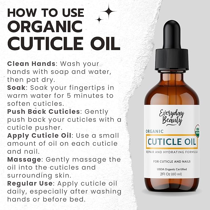 Organic Cuticle & Nail Oil - Repair, Revitalize & Hydrate Cuticles and Nails - Organic Spa Treatment - For Stronger Healthier Nails and Cuticles - 2 Fl Oz Glass Bottle with Glass Dropper