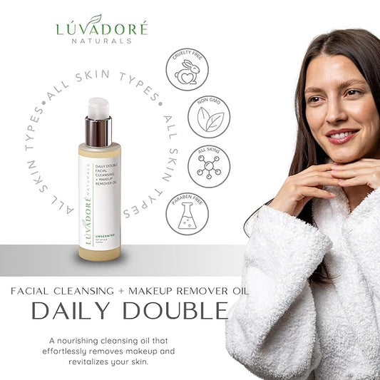 Daily Double Face Wash and Makeup Remover – 2-in-1 Oil Face Cleanser – Hydrating Facial Cleanser with Grapeseed Oil, Avocado, Rice – Removes Makeup Impurities for Smooth Skin