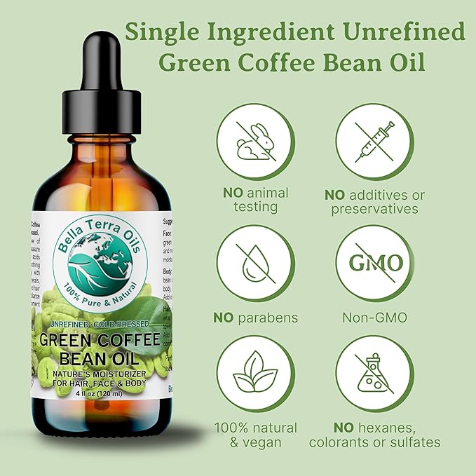 Bella Terra Oils - Green Coffee Bean Oil 4 oz - Rich in Quinic Acid & Lignans, Cold-Pressed from Authentic Coffee Beans, Premium Skin Nourishment