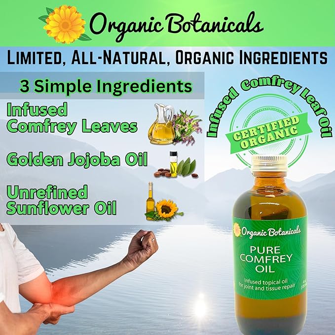 Pure Comfrey Leaf Infused Oil - Skin Care for Joints, Back, Muscles, Fractures, Bruises, and Minor Wounds, Natural Herbal Body Massage Oil, Certified Organic (8 oz)