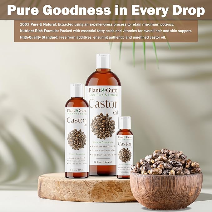 Castor Oil 8 fl. oz. Unrefined, 100% Pure Natural Hexane-Free, USP Grade, Hair Growth, Eyebrows and Eyelashes. Skin, Face and Body Moisturizer.