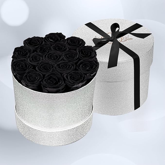 17 Black Flowers in Glitter Box, Birthday Gifts for Women, Preserved Flowers, Mothers Day Roses Gift for Mom