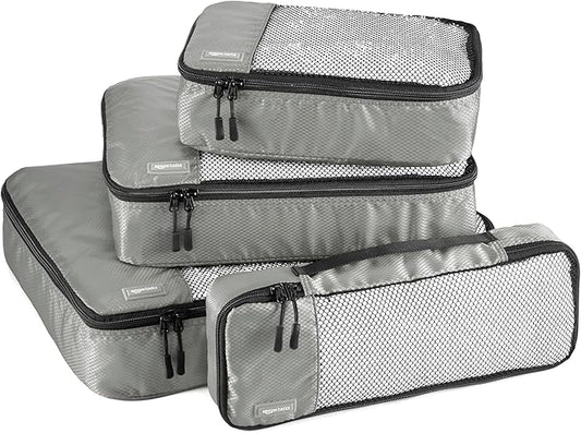 Amazon Basics Lightweight Packing Cubes Travel Organizer Set with Double Zipper, Mesh Top, Multiple Sizes, 4 Piece, Gray