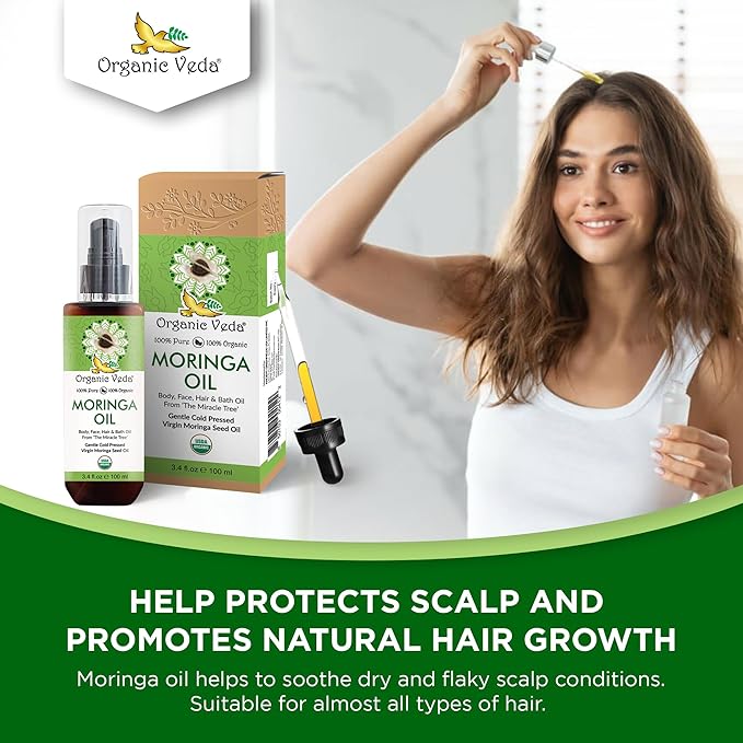 Organic Veda Moringa Oil - USDA Cold Pressed Virgin Moringa Seed Oil - 100% Pure Moringa Skin Care Oil Moisturizer for Face, Nails, Foot, Body & Hair - Unrefined, Vegan & Gluten Free - 3.4 fl oz